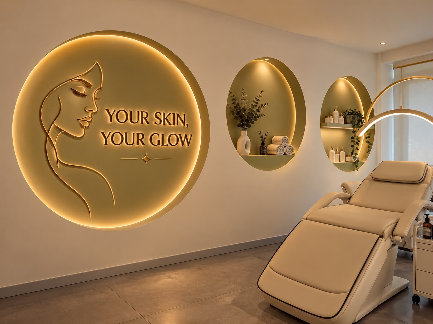 Behandlungsliege vor beleuchteter Wand „Your Skin, Your Glow“