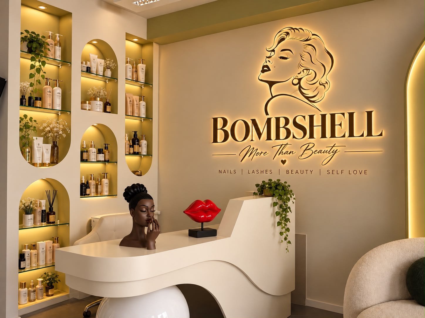 Empfangsbereich mit beleuchtetem Bombshell-Logo